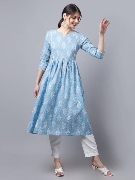 LARGISH Women Printed Pure Cotton A-line Kurta (Blue)