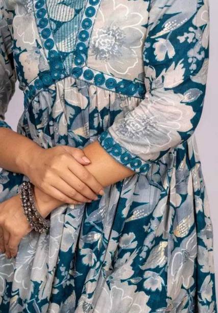 Veer Enterprises Women Printed Viscose Rayon Flared Kurta (Blue)