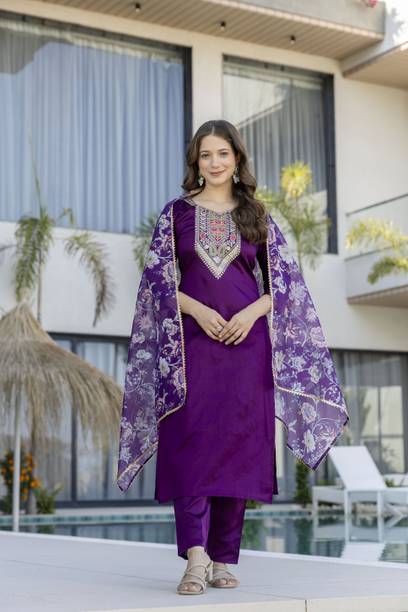 Studio pure fabric kurti with pant and dupatta set Embroidered Kurta, Trouser/Pant & Dupatta Set