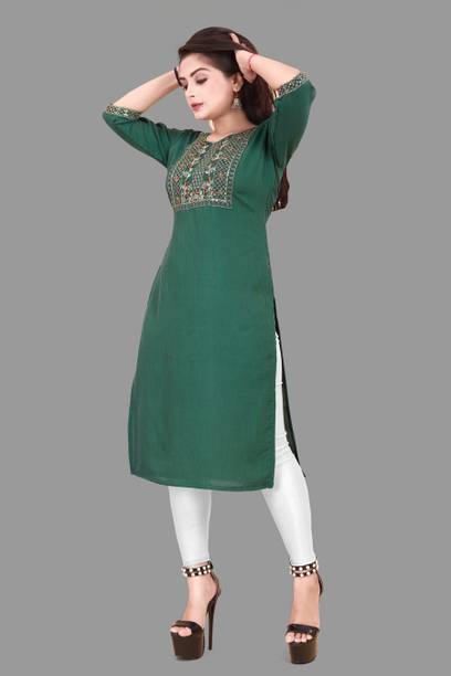 KNG TEXTILE Women Embroidered Viscose Rayon A-line Kurta (Green)