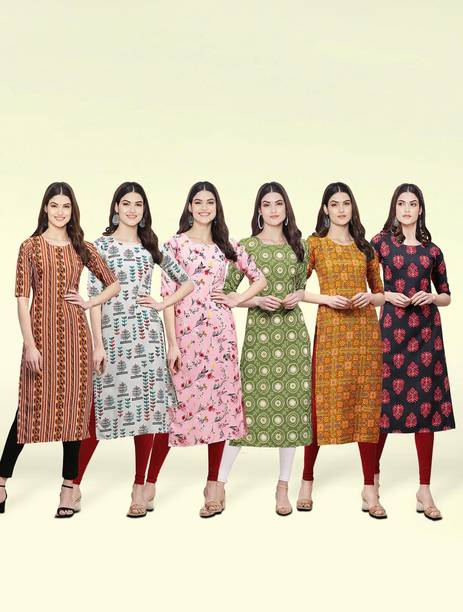 Pack of 6 Printed Crepe Straight Kurta for Women