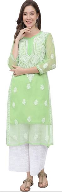 CHIKANKARI BY KK Women Chikan Embroidery Straight Kurta
