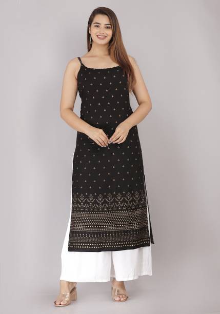 HARSUKHI Women Floral Print Viscose Rayon Straight Kurta (Black)