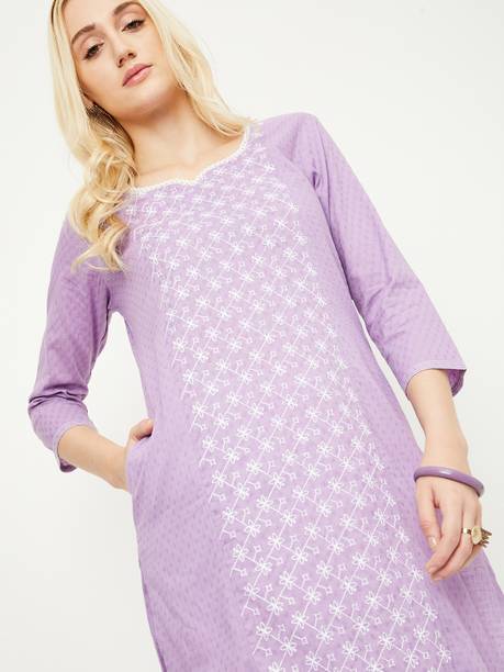 max Women Printed Cotton Blend Straight Kurta (Purple)