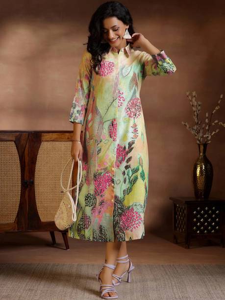 GERUA BY LIBAS Printed Linen Straight Kurta for Women Multicolor