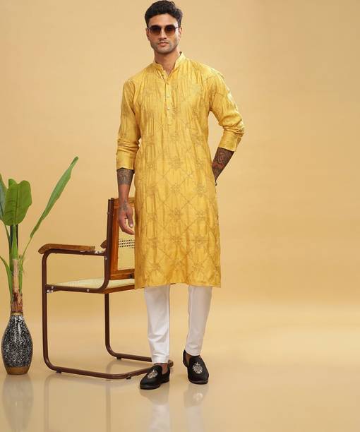 Embroidered Cotton Blend Straight Kurta for Men