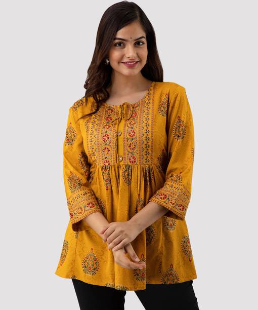 DMP EXPORT Women Printed Viscose Rayon Cape Top Kurta (Yellow)