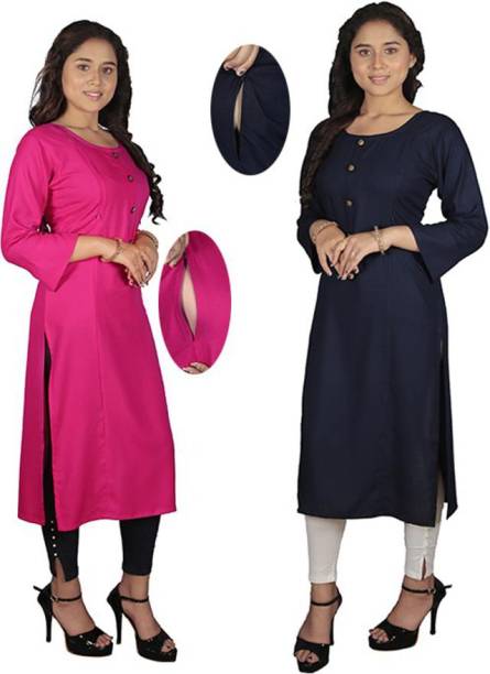 Pack of 2 Women Solid Cotton Rayon Straight Kurta Price in India