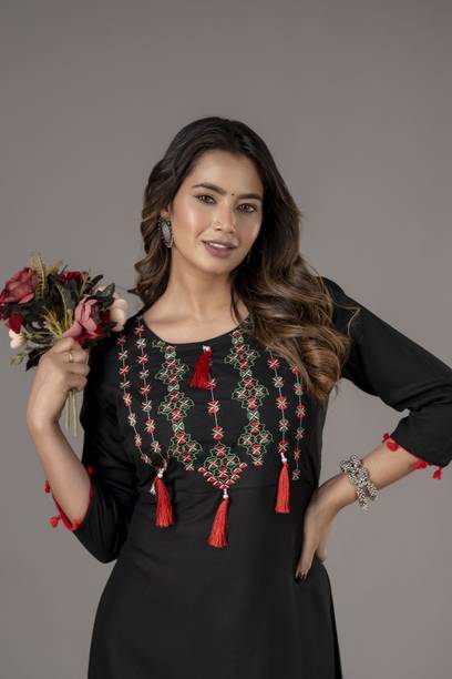 VASANT APPAREL Women Embroidered Viscose Rayon Anarkali Kurta (Black)