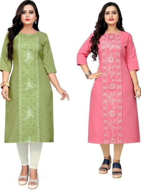 Pack of 2 Embroidered Cotton Blend Straight Kurta for Women