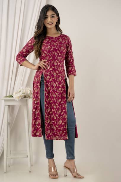 Women Printed Viscose Rayon Frontslit Kurta Price in India