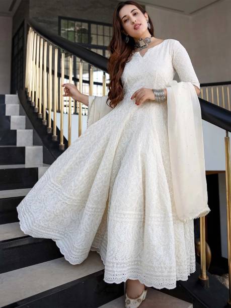 Women Embroidered Pure Cotton Anarkali Kurta With Attached Dupatta Price in India