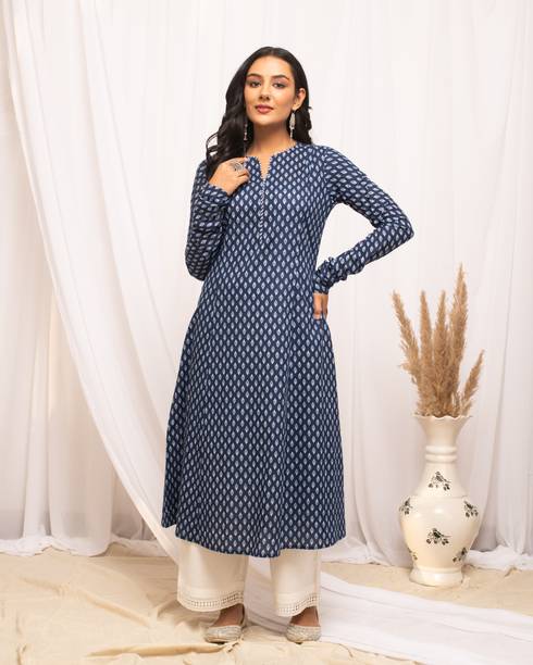FIORRA Women Floral Print Pure Cotton A-line Kurta (Blue)