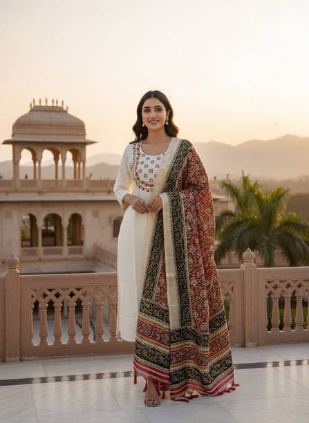 Embroidered, Printed Pure Cotton Straight Kurta for Women With Attached Dupatta