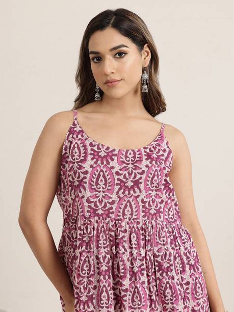 LIBAS Printed Cotton Blend Flared Kurta for Women Purple