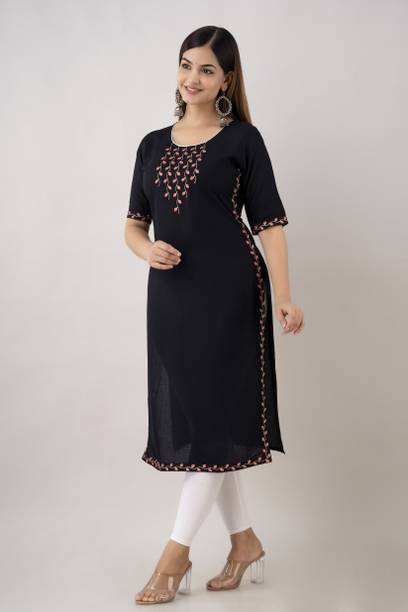 Zeenat Duniya Women Embroidered Viscose Rayon Straight Kurta (Bla