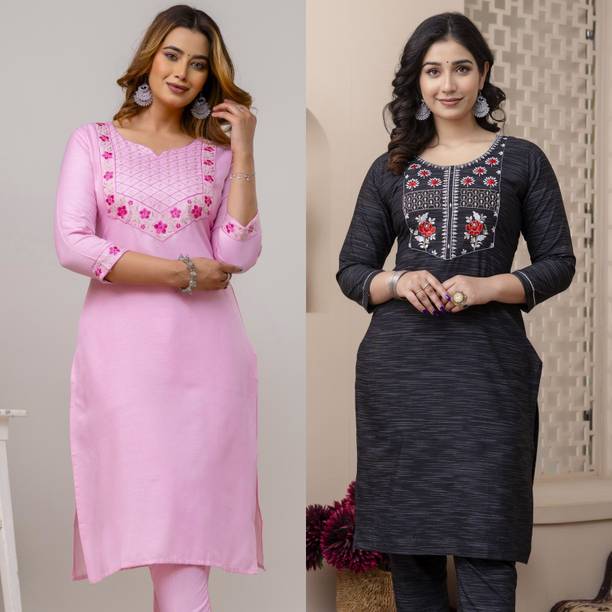 Pack of 2 Embroidered Pure Cotton Straight Kurta for Women