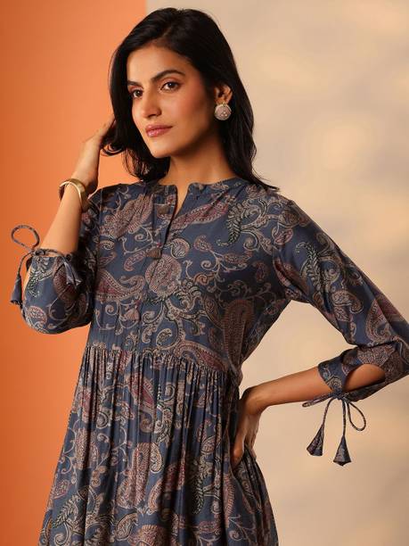 LIBAS Printed Viscose Rayon Straight Kurta for Women Blue