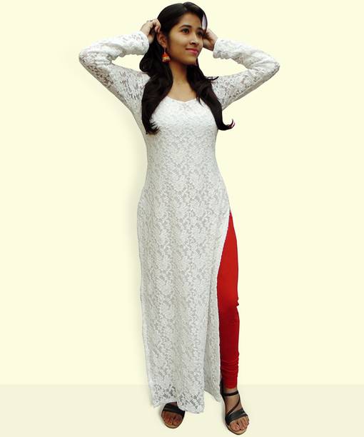 serving princess Women Self Design Lace Straight Kurta (White)
