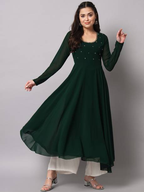 Poshak Hub Women Embroidered Georgette Anarkali Kurta (Green)
