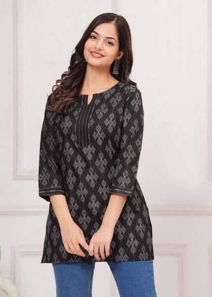 Western Cotton Women Floral Print Pure Cotton Frontslit Kurta (Bl