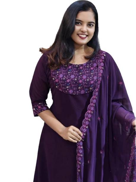 Embroidered Georgette A-line Kurta for Women With Attached Dupatta