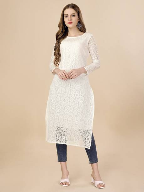 FORKEY Women Embellished Net Straight Kurta (White)