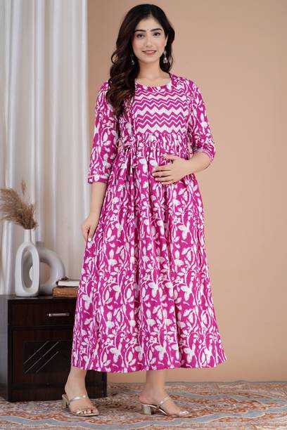 Tulsiram Women Printed Pure Cotton Anarkali Kurta (Purple, White)