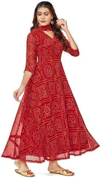Aether Women Geometric Print Nylon Anarkali Kurta With Attached D