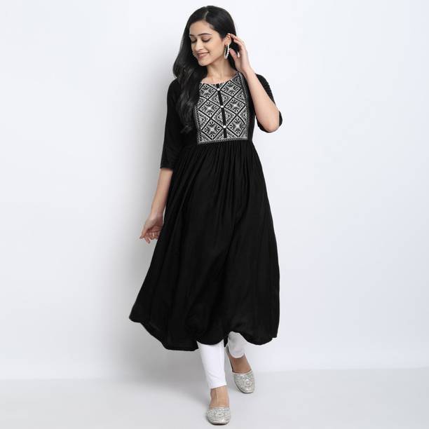 FASHION PATTI Women Embroidered Viscose Rayon Flared Kurta (Black
