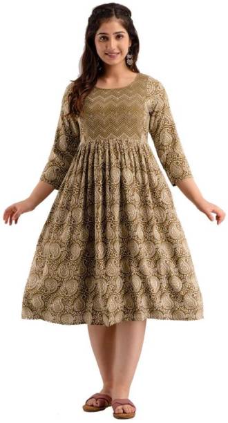 Women Fit and Flare Beige Dress Price in India