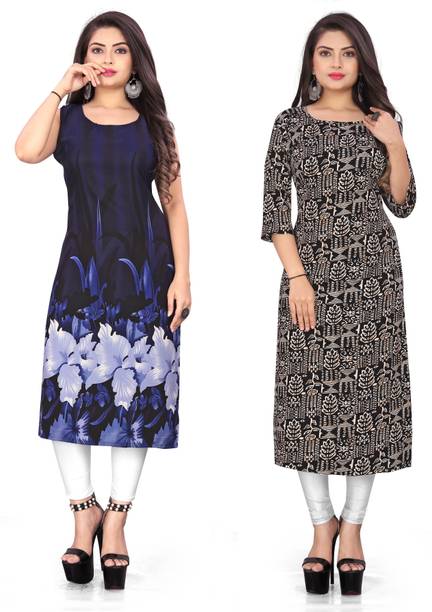 Pack of 2 Women Floral Print, Printed Crepe Straight Kurta