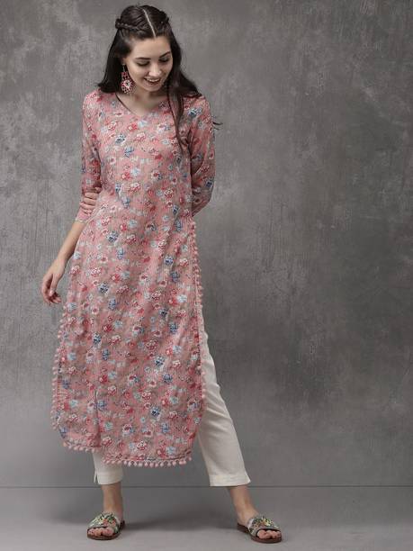 Bunaiwala Women Floral Print Viscose Rayon Straight Kurta (Pink)