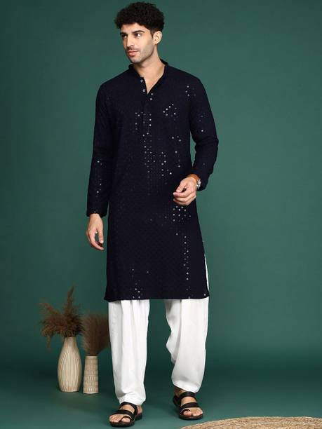 Woven Design Cotton Blend Straight Kurta for Men