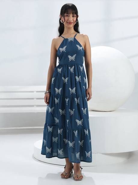 LIBAS Printed Cotton Blend Flared Kurta for Women Blue