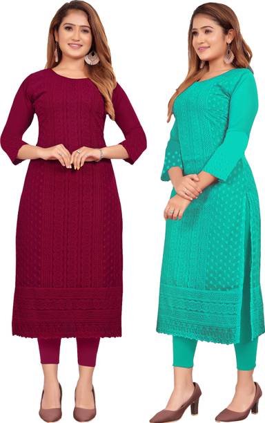 Pack of 2 Women Chikan Embroidery Georgette Straight Kurta