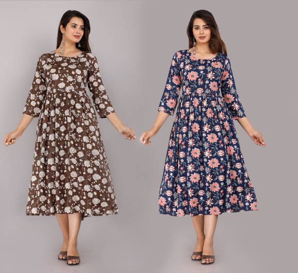 Pack of 2 Women Floral Print Viscose Rayon Ethnic Dress Price in India