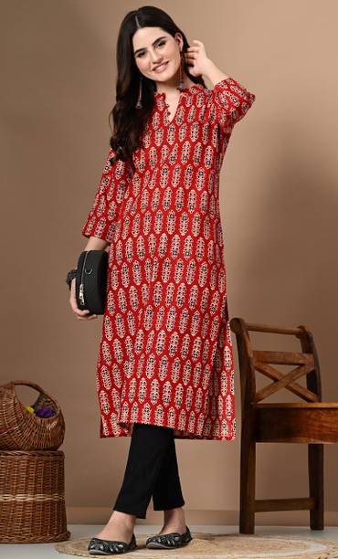 Raghav Silk Studio Women Paisley, Printed Pure Cotton Straight Kurta (Red)