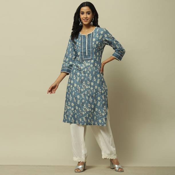 RANGRITI Printed Pure Cotton Straight Kurta for Women Blue