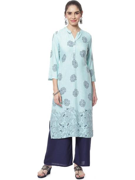RANGRITI Printed Cotton Blend Straight Kurta for Women Blue