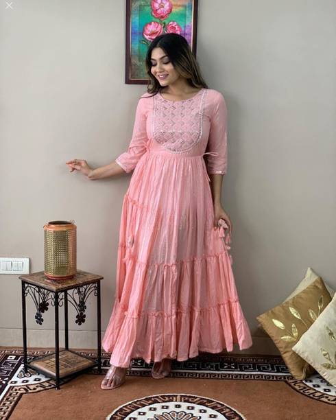 Women Embroidered Cotton Blend Gown Kurta