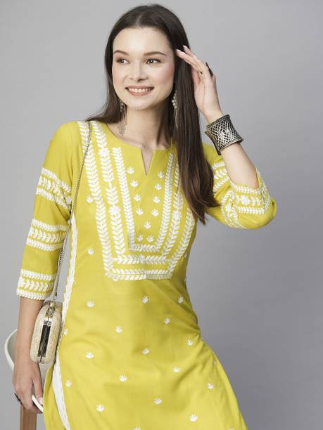 Heturaj fashion Women Embroidered Cotton Blend Straight Kurta (Ye