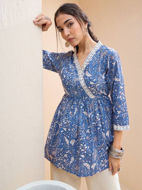 Shae by SASSAFRAS Printed Pure Cotton Flared Kurta for Women Blue