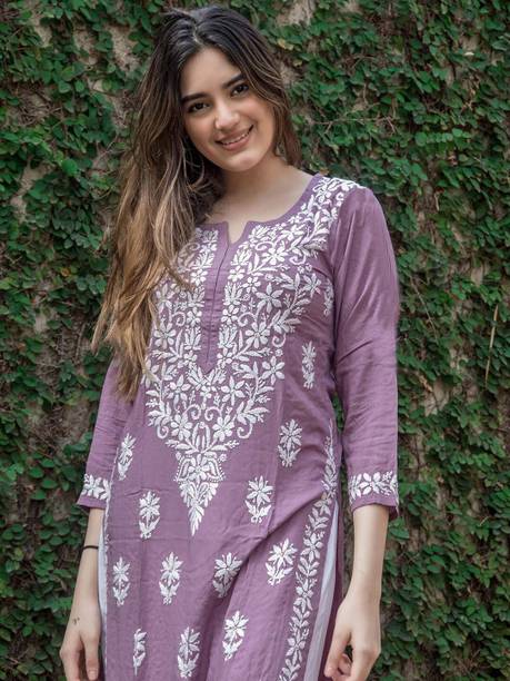 Gosriki Women Embroidered Viscose Rayon Straight Kurta (Purple)