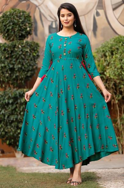 PINKLABEL Women Printed Viscose Rayon Flared Kurta (Blue)