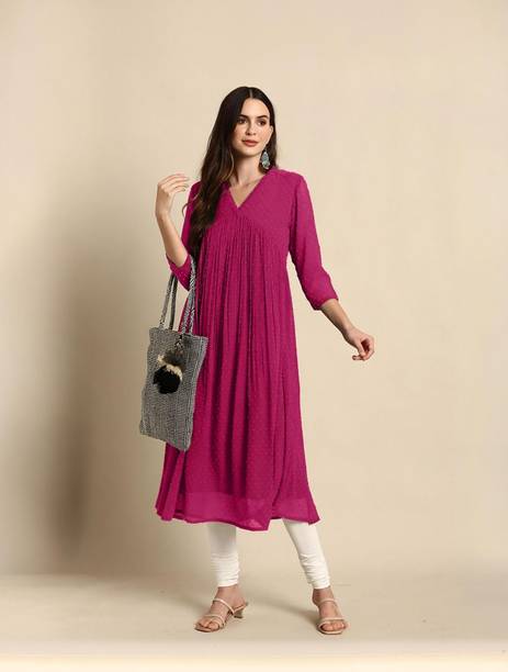 Woven Design Chiffon Flared Kurta for Women