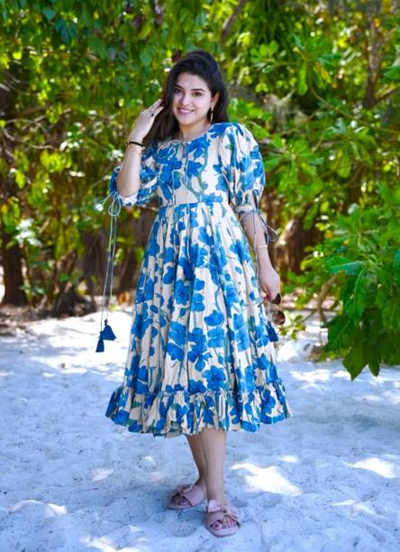 SEAKART Women Printed Viscose Rayon Anarkali Kurta (Blue)