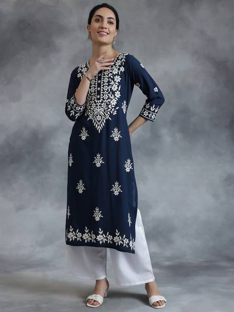 LIBAS Women Embroidered Viscose Rayon Straight Kurta (Dark Blue,