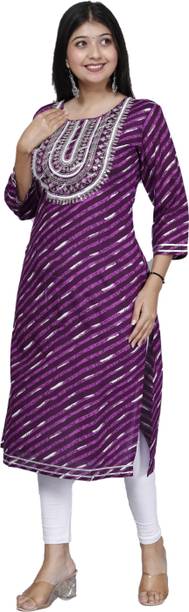 Women Leheriya Cotton Blend Straight Kurta