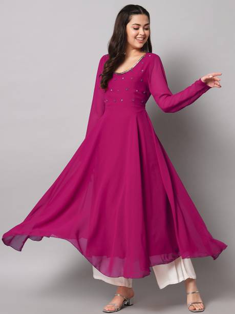 Poshak Hub Women Embroidered Georgette Anarkali Kurta (Pink)